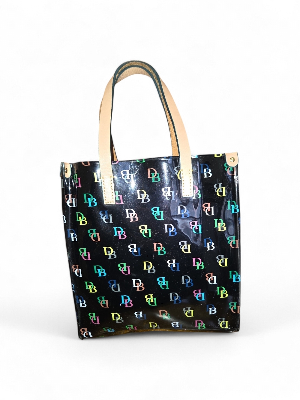 Dooney & Bourke Black Tote with Multicolor DB Print and Tan Handles